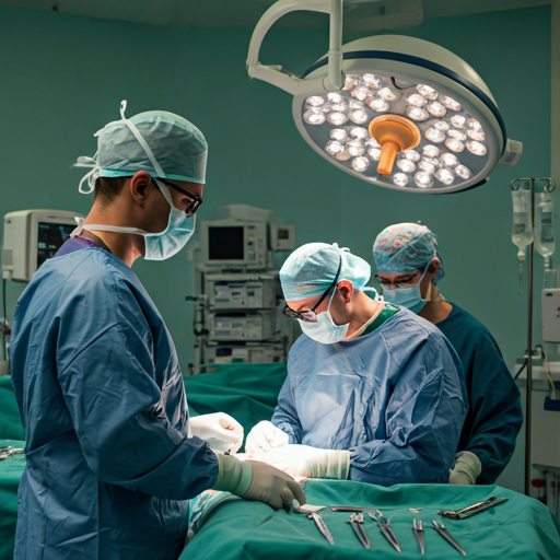 Surgeons in an operating room with advanced SKYON Innovations medical equipment around the patient area