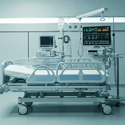 High-tech ICU electric bed in a sterile modern hospital room with advanced monitoring screens